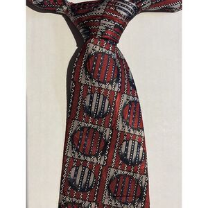 Roberta Collection Mens 100% Silk Tie Silver/Red Circles In Square Made In Italy